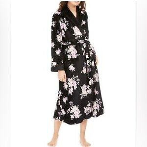 Charter Club Plush Floral Print Robe Black Bouquet - Medium